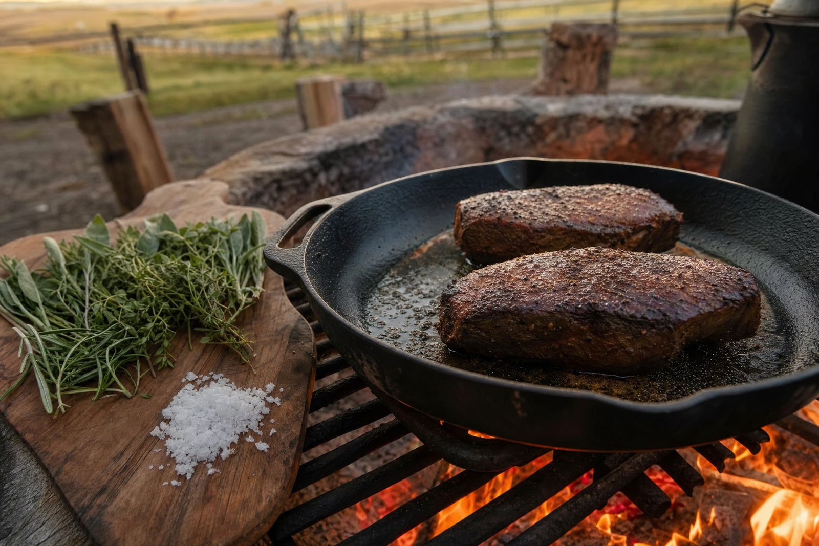 Elk steaks searing in a cast-iron skillet over a fire
