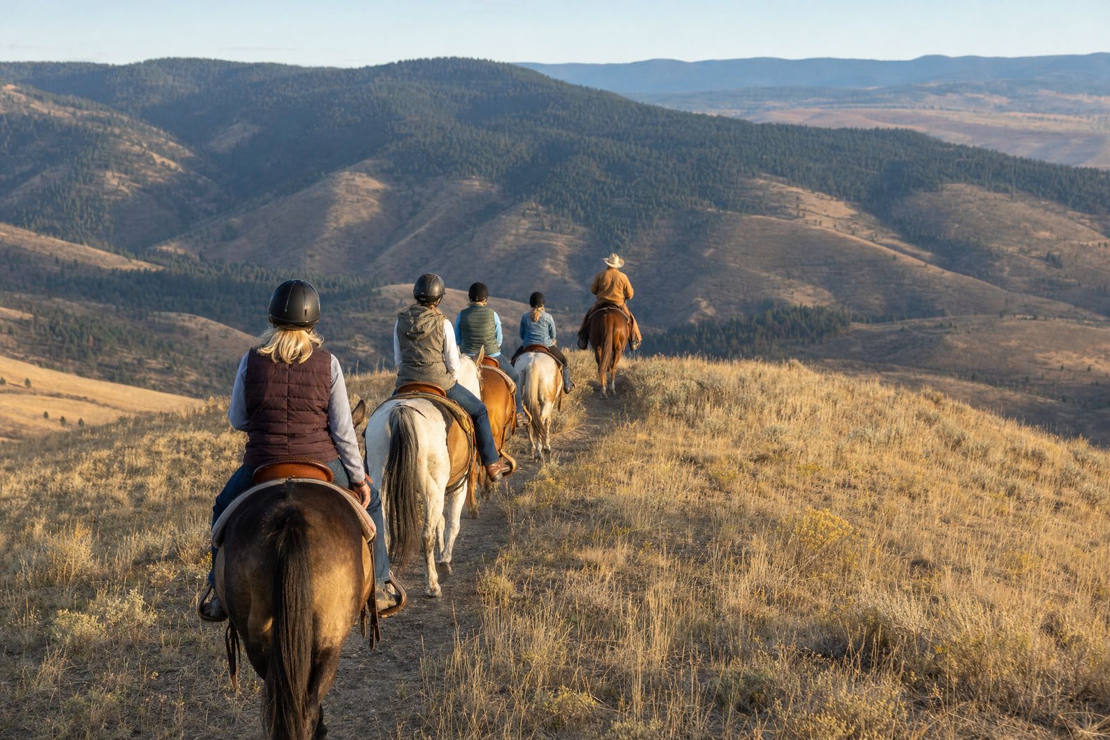 Guests on horseback following a wrangler along a ridge