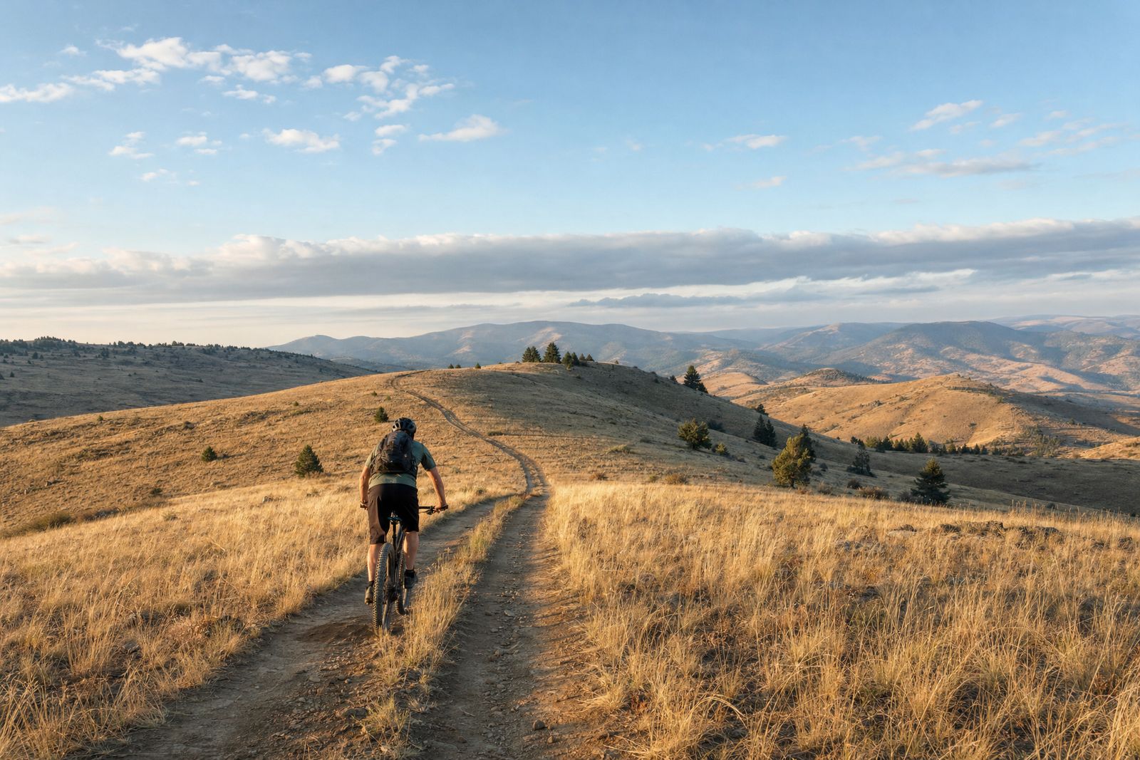 Mountain biker on a ranch two-track across golden hills