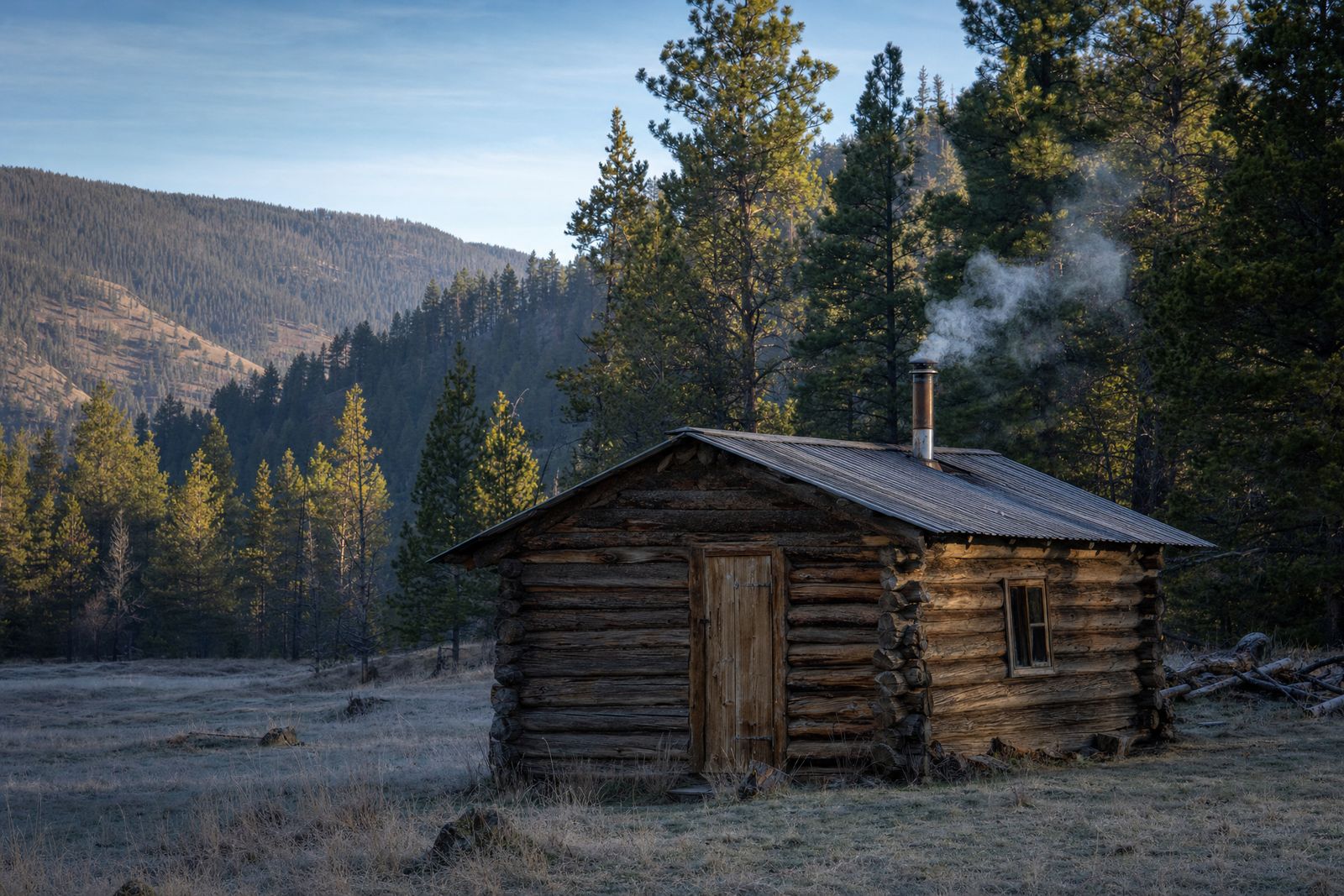 Small log cabin in a frosty mountain meadow