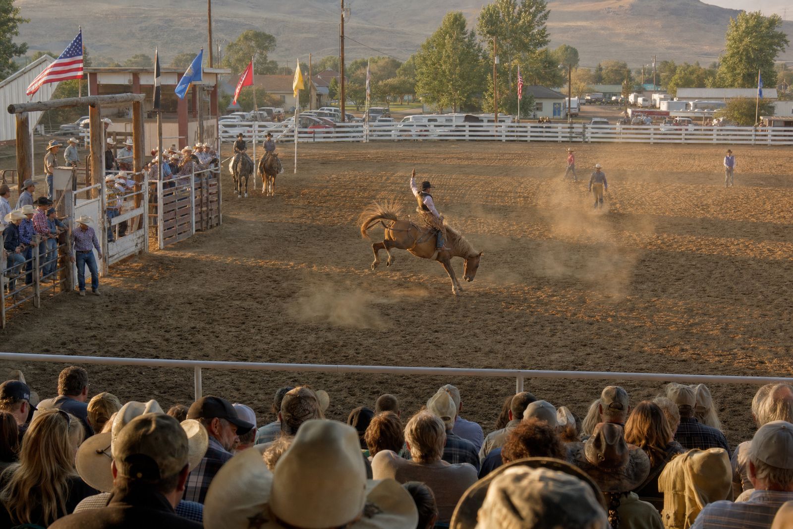 Bronc rider in a rodeo arena at evening