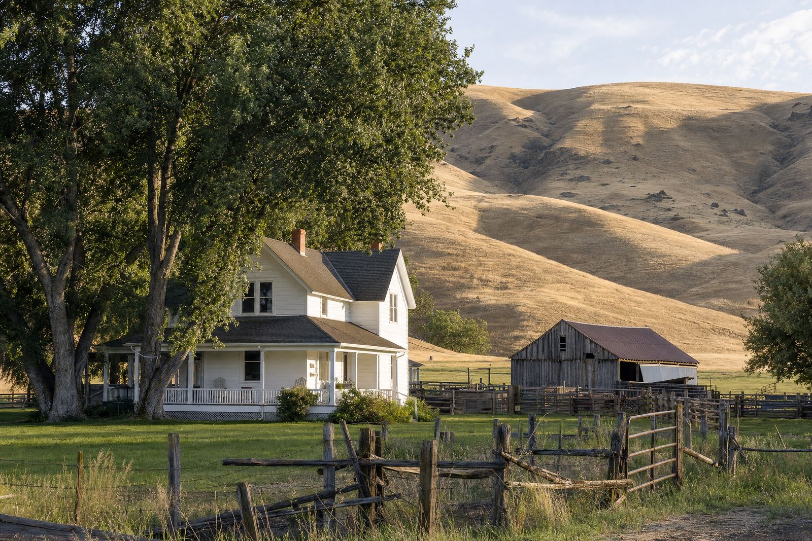 White ranch house with a porch, barn and corrals