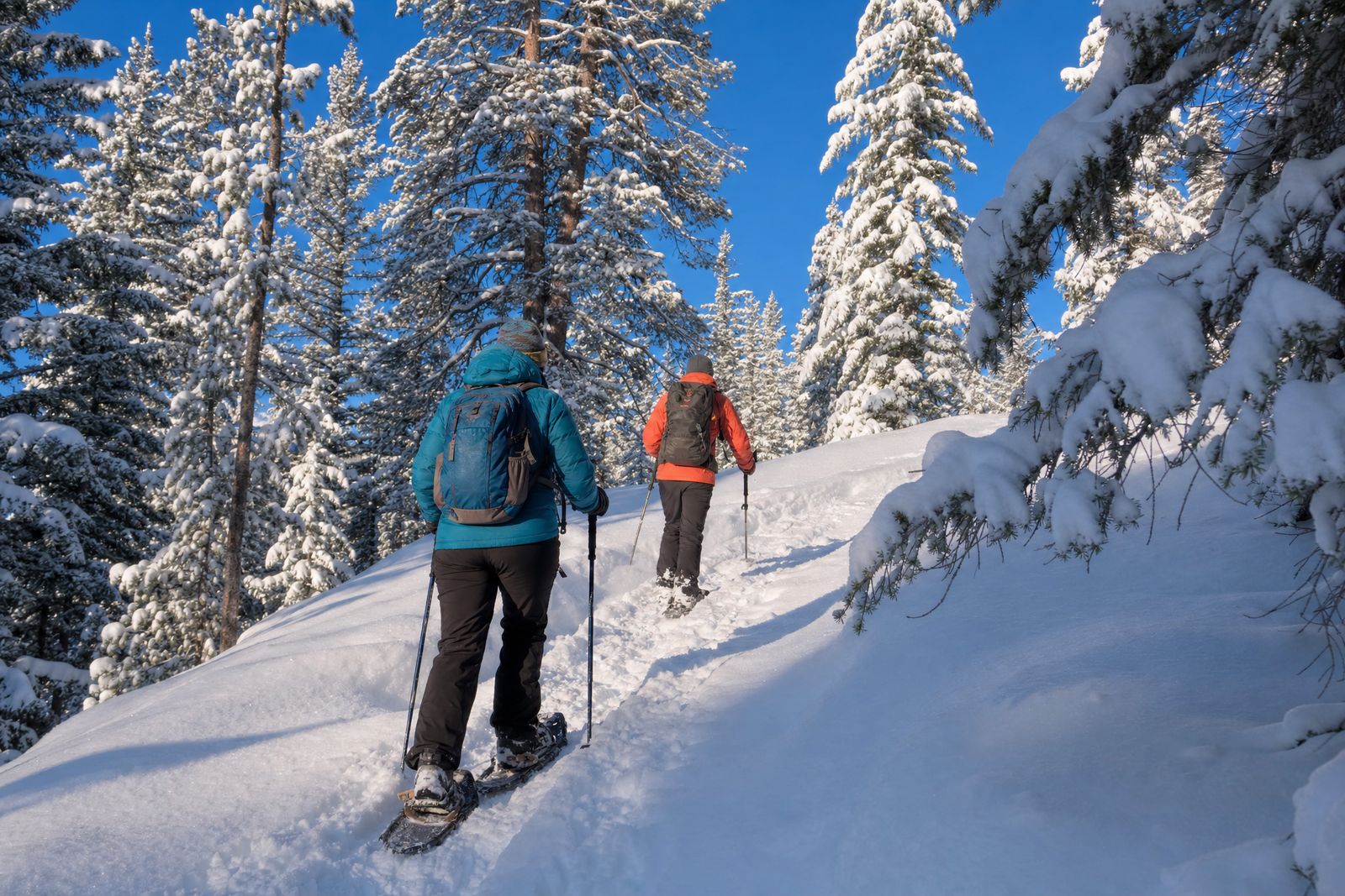 Two people snowshoeing through snowy timber